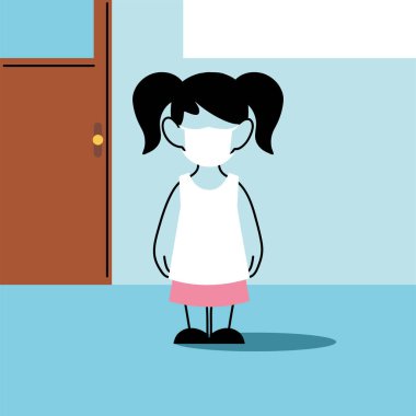 Yüz maskesi takan sevimli kız öğrenci.