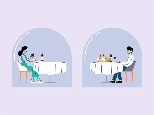 Distância social no restaurante, um homem e uma mulher sentar-se a uma distância distante em mesas separadas com comida — Vetor de Stock