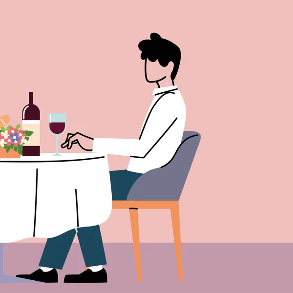 Distance sociale dans le restaurant, l'homme mangeant sur la table, la protection et la prévention du coronavirus ou covid-19 — Image vectorielle