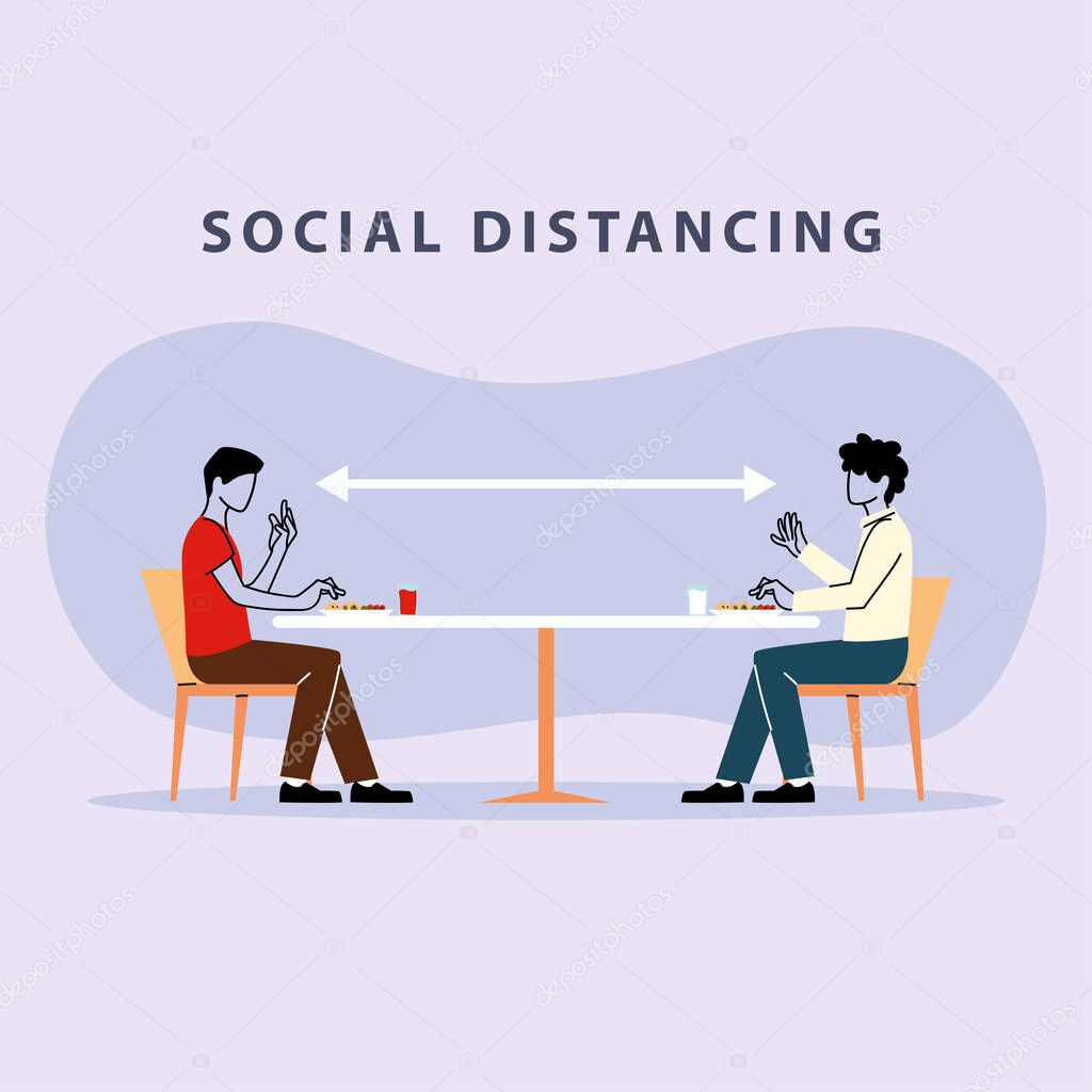 social distancing in restaurant, men eating on table, protection and prevention of coronavirus or covid-19