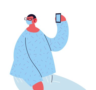 Elinde maske ve cihaz olan adam.