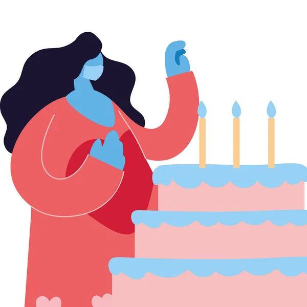 Γυναίκα με μάσκα και κέικ γιορτάζει — Διανυσματικό Αρχείο