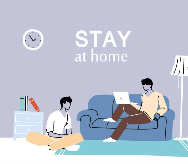 Hombres en casa haciendo actividades — Vector de stock