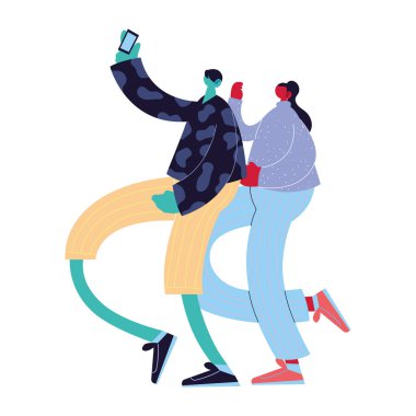 Akıllı telefonları olan çift fotoğraf çekiyor.