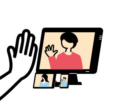 Görüntülü sohbet ve merhaba el vektör tasarımı bilgisayarındaki adam