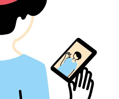 Akıllı telefon vektör tasarımında parti şapkalı bir adam.