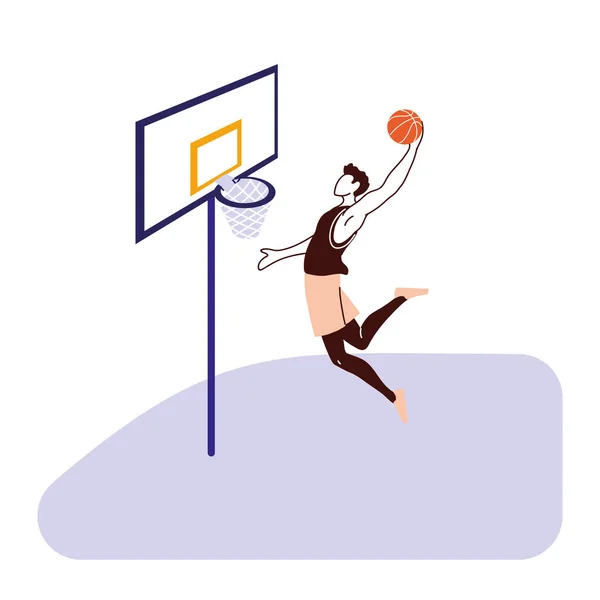 Jugador de baloncesto hombre con bola saltando al diseño del vector de tablero — Vector de stock