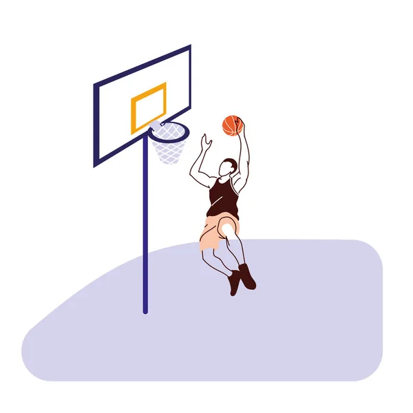 Basketbal hráč muž s kuličkou skákání do backboard vektor design — Stockový vektor