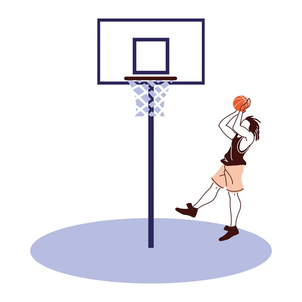 Jugador de baloncesto hombre con bola saltando al diseño del vector de tablero — Vector de stock