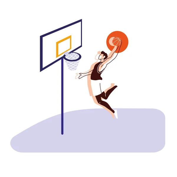Basketballspieler Mann mit Ball springt auf Backboard Vektor-Design — Stockvektor