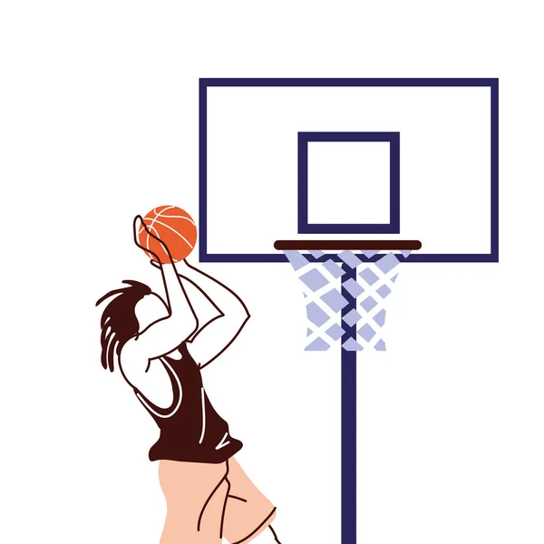 Баскетболіст чоловік з м'ячем стрибає на борт Векторний дизайн — стоковий вектор