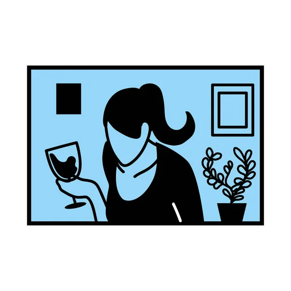 Femme à l'écran avec tasse de vin dans la conception vectorielle de chat vidéo — Image vectorielle