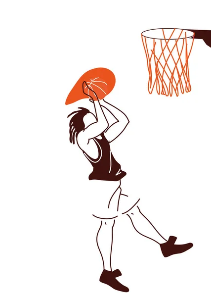Jogador de basquete homem com bola jumpign para cesta desenho vetorial aro —  Vetores de Stock