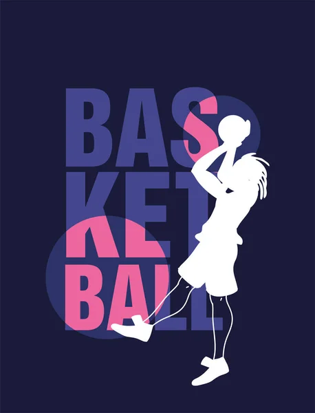 Lettres de basket-ball devant l'homme joueur avec la conception vectorielle de silhouette de balle — Image vectorielle