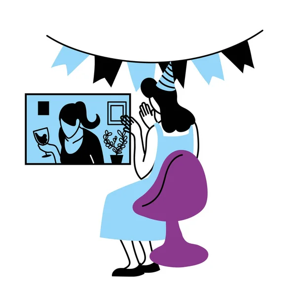 Mulher com chapéu de festa acenando menina na tela design vetorial —  Vetores de Stock