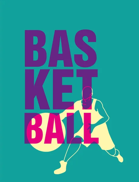 Letras de basquete na frente do jogador homem com bola silhueta vetor design — Vetor de Stock