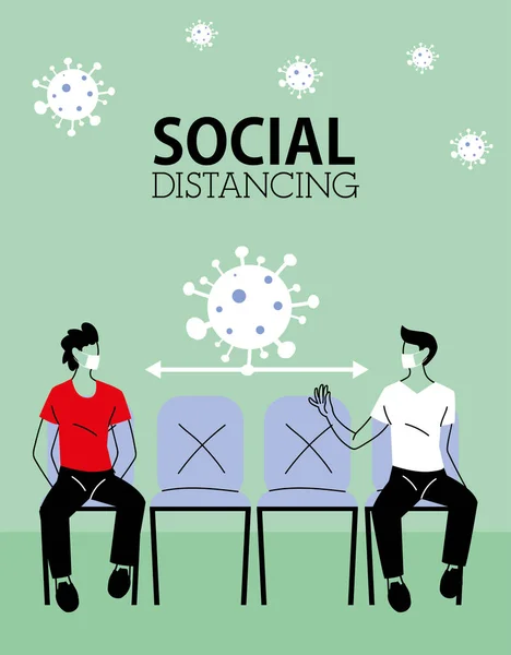 Κοινωνική απόσταση μεταξύ ανδρών με μάσκες σε καρέκλες διανυσματική σχεδίαση — Διανυσματικό Αρχείο