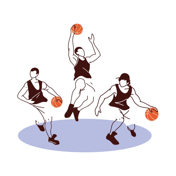 Three basketball players men with balls jumping vector design