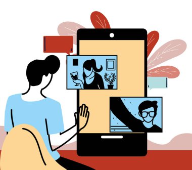 Video sohbet vektör tasarımında insanları akıllı telefondan sallayan adam