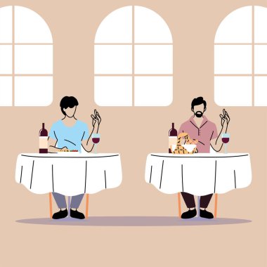 Restorandaki sosyal mesafeler, masada yemek yiyen erkekler, Coronavirus 'u koruma ve önleme veya covid-19