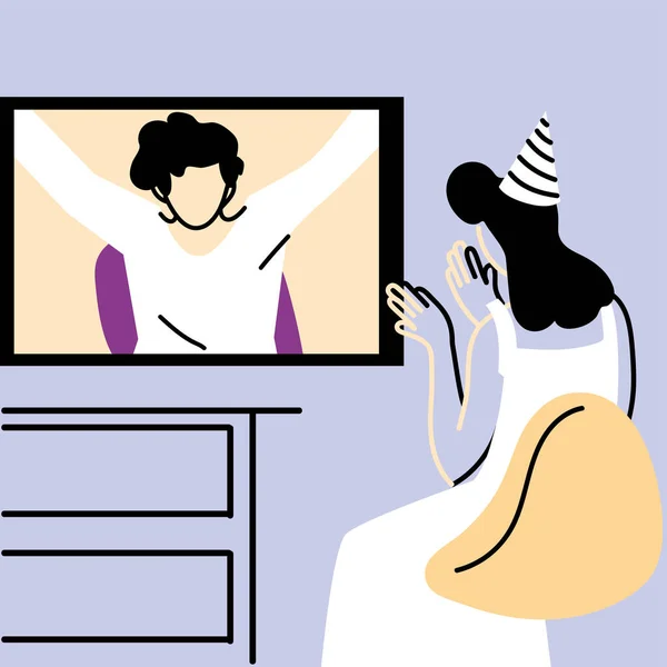 Γυναίκα με καπέλο κόμμα και οθόνη στο σχεδιασμό διάνυσμα συνομιλίας βίντεο — Διανυσματικό Αρχείο