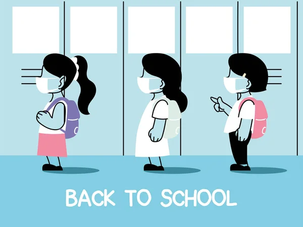 Zurück zur Schule, Gruppe von Kindern mit Mundschutz und sozialer Distanzierung — Stockvektor