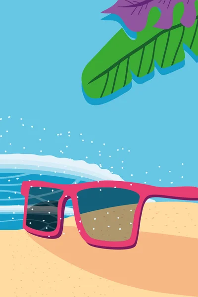 Playa con gafas de mar y hojas de estilo detallado icono de diseño vectorial — Vector de stock
