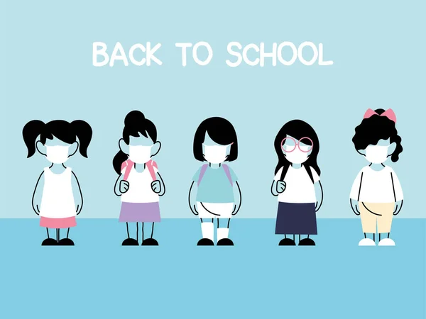 Zurück zur Schule, Gruppe von Kindern mit Mundschutz und sozialer Distanzierung — Stockvektor