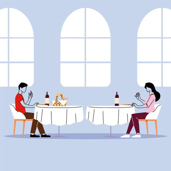 Social distance in restaurant, a man and a woman sit a distance apart in separate tables with food — Stock Vector