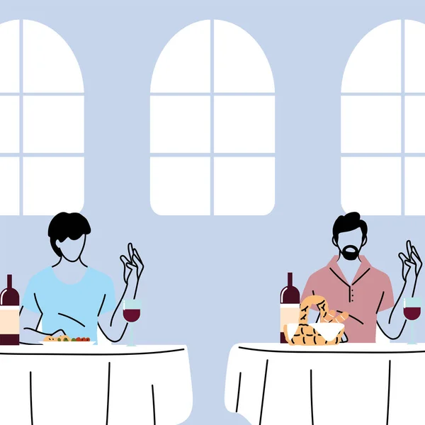 Sociale afstand in restaurant, mannen die op tafel eten, bescherming en preventie van coronavirus of covid-19 — Stockvector