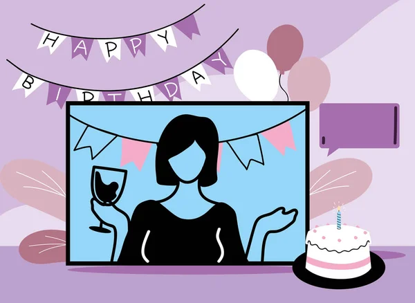 Žena na obrazovce s dort a balónky vektorový design — Stockový vektor