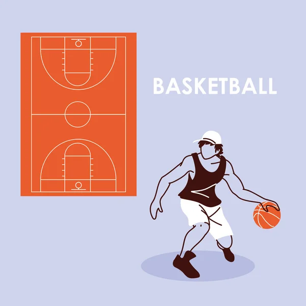 Basket spelare man med boll och fält vektor design — Stock vektor