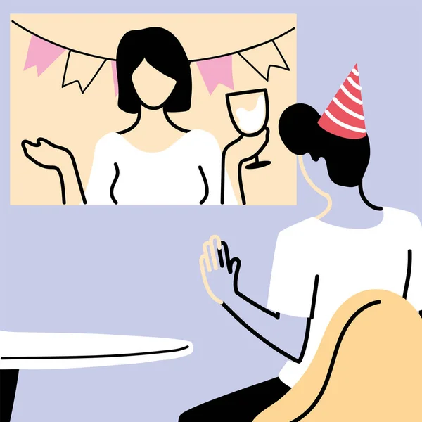 男とパーティーの帽子と画面でビデオチャットベクトルデザイン — ストックベクタ