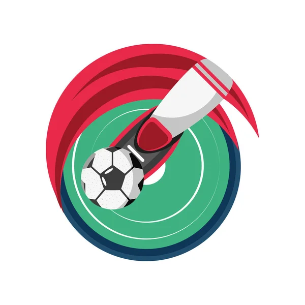 Schoen met voetbal op zegel stempel gedetailleerde stijl pictogram vector ontwerp — Stockvector
