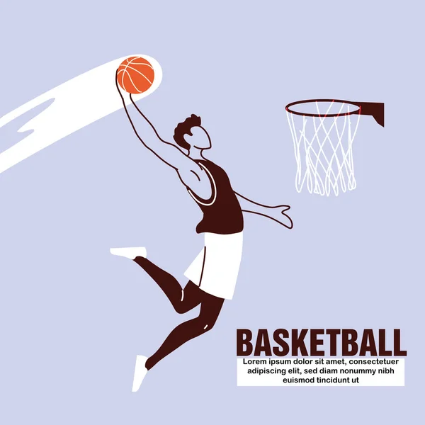 Jogador de basquete homem com bola saltando para cesta desenho vetorial aro — Vetor de Stock