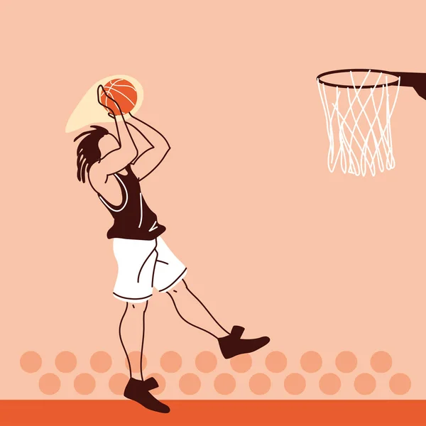 Jugador de baloncesto hombre con bola saltando a la cesta vector de diseño — Vector de stock