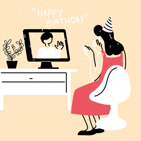 Mulher com chapéu de festa e computador em vídeo chat design vetorial —  Vetores de Stock