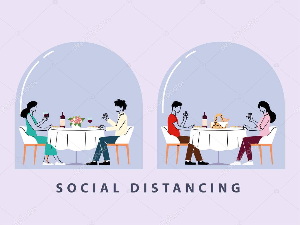 social distancing in restaurant, a man and a woman sitting eating, protection and prevention of coronavirus or covid-19