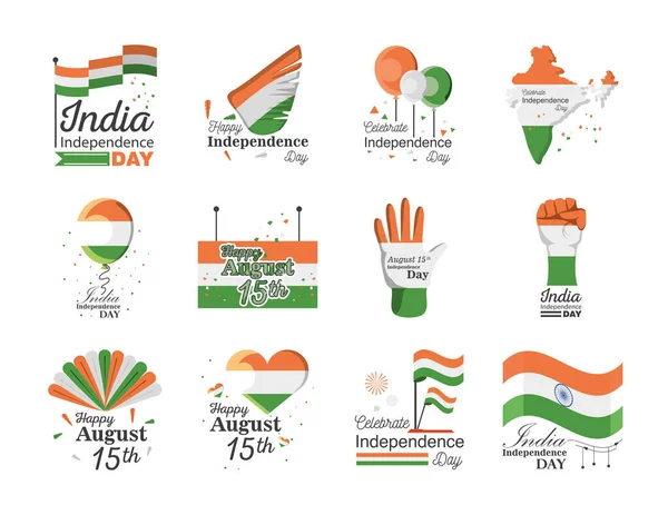 Happy india onafhankelijkheid dag pictogram set gedetailleerde stijl pictogram vector ontwerp — Stockvector