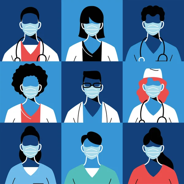 Female and male doctors with masks and uniforms vector design — Stock Vector