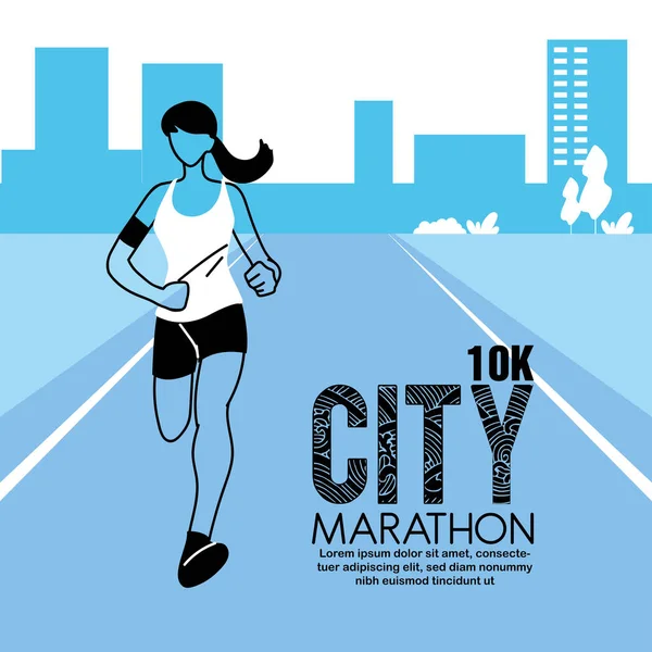 Mujer avatar corriendo en pista y diseño vectorial maratón ciudad 10k — Archivo Imágenes Vectoriales