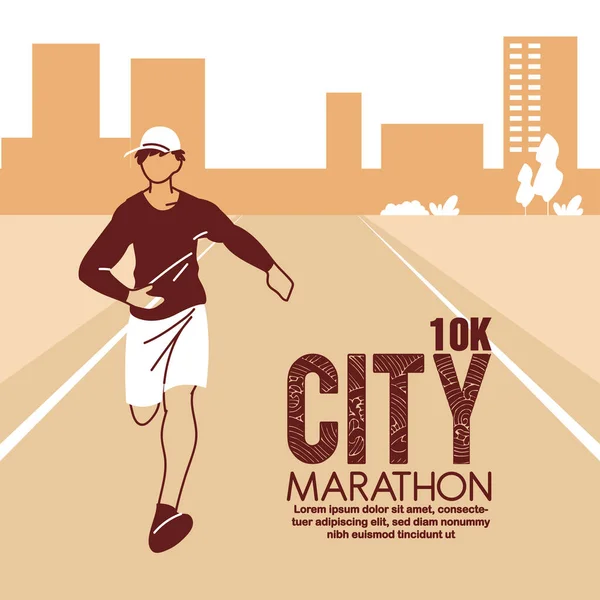 Hombre avatar corriendo en pista y diseño vectorial maratón ciudad 10k — Archivo Imágenes Vectoriales