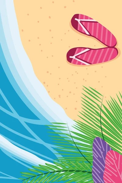 Strand mit Meer Sandalen und Blätter von oben Ansicht detaillierte Stil-Ikone Vektor-Design — Stockvektor
