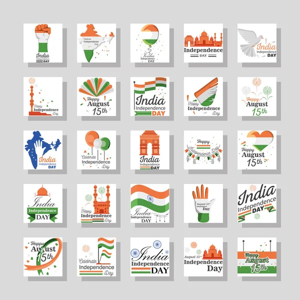 С днем независимости Индии иконка набор детальный стиль иконки вектор дизайна — стоковый вектор