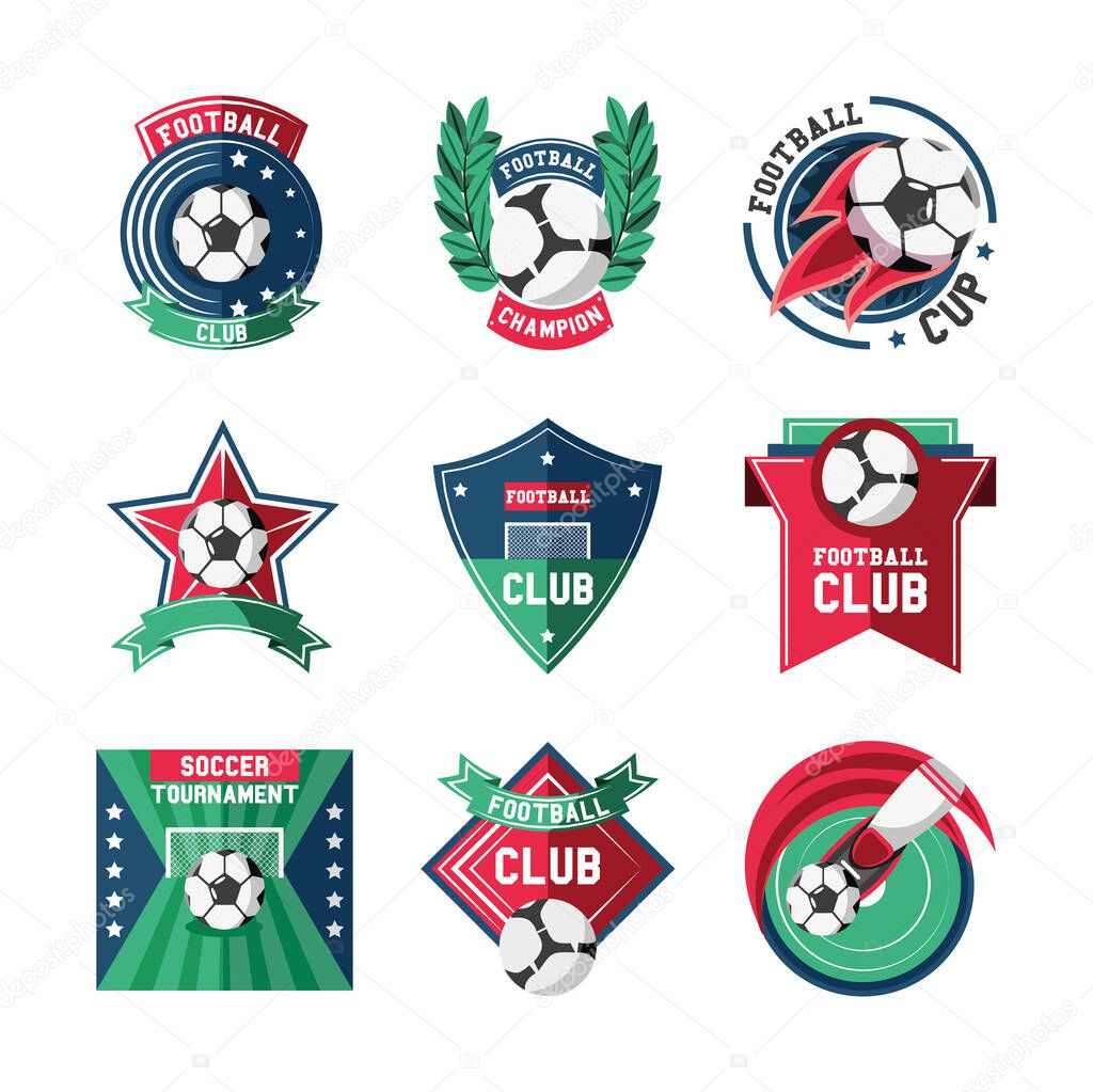 Soccer and football club detailed style icon set vector design