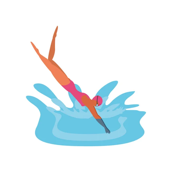 Mujer salta al agua sobre fondo blanco — Vector de stock