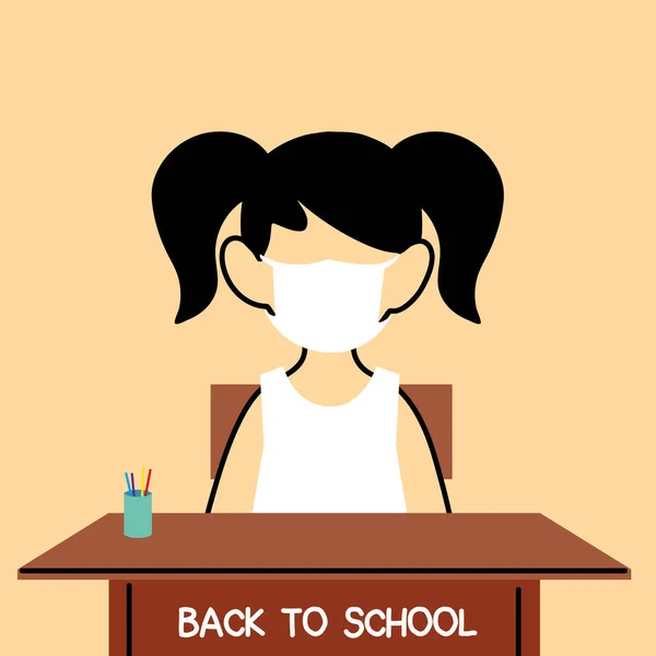 Back to school, girl studying in classroom with face masks — Stock Vector