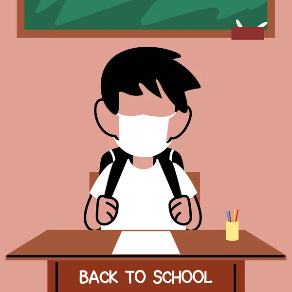 Voltar para a escola, menino estudando em sala de aula com máscaras — Vetor de Stock