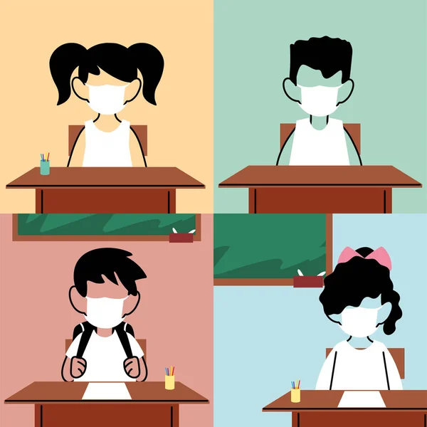 Kids with a face mask in the classroom, protection from coronavirus or covid 19 — Stock Vector
