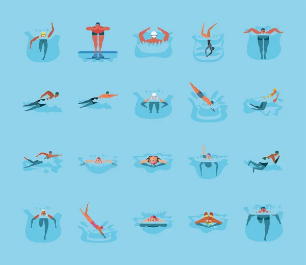 Conjunto de iconos con personas en la natación — Archivo Imágenes Vectoriales